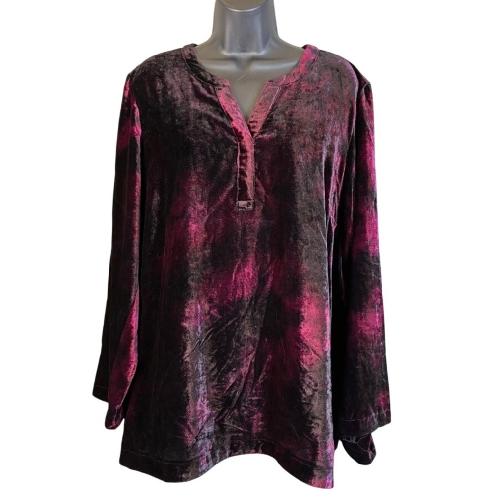 Pure Jill Velvet Tunic Top Women L Plum Purple Tie Dye Split V-Neck Long Sleeve